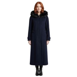 XL Vintage 100% Wool Longline Luxurious Faux Fur Hood Long Overcoat Blue